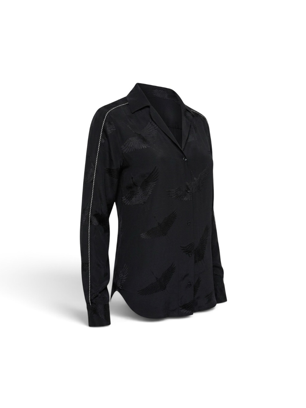 Sandro Black Button-Front Blouse with Subtle Crane Jacquard